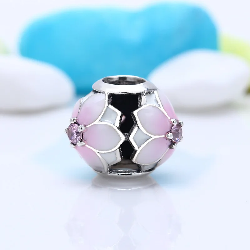 Бусина из серебра 925 пробы с цветами магнолии и эмалью подходит для браслетов