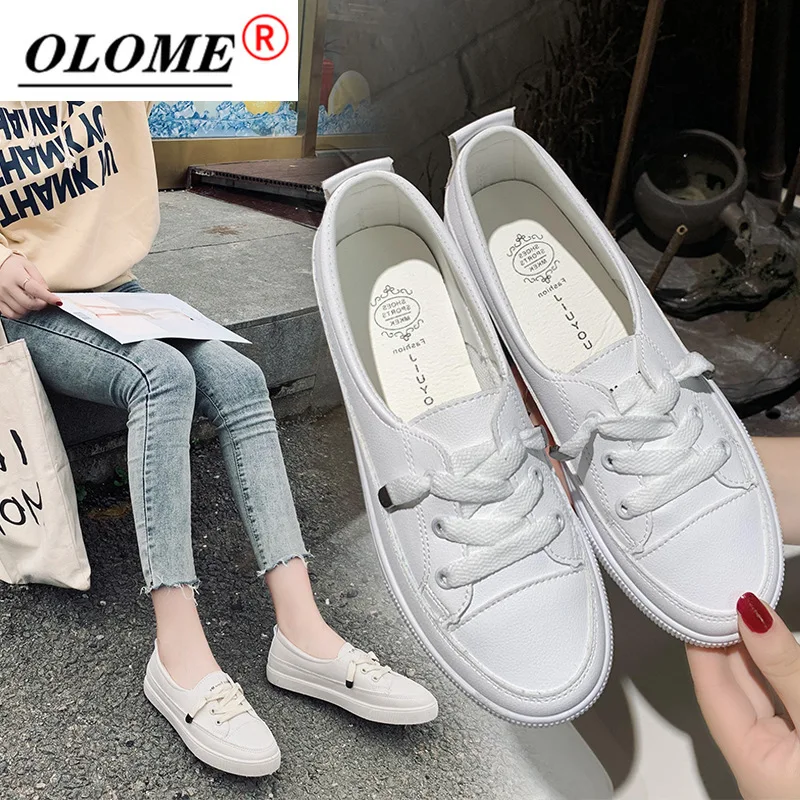 

Women's Low-top Platform Sneakers Pu Leather Vulcanized Casual Walking Shoes White Flat Loafers 2021