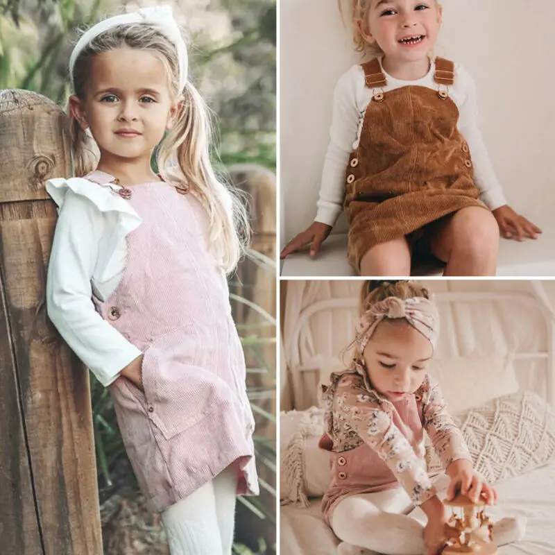 0-5Y Kids Girls Solid Color Corduroy Suspender Dress Overalls Baby Summer Autumn Clothes Children Sleeveless Casual Loose | Детская