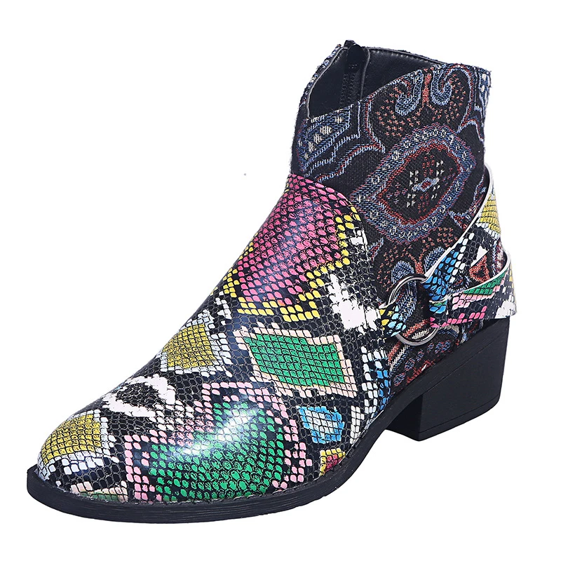 Winter Boots For Women ankle boots popular Retro Green snake pattern mixed colors flat wedge shoes Casual Rubber boots socofy