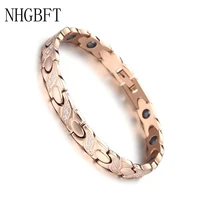 nhgbft new rose gold color stainless steel bracelet for mens womens crystal black gallstone healthy motion medical bracelet