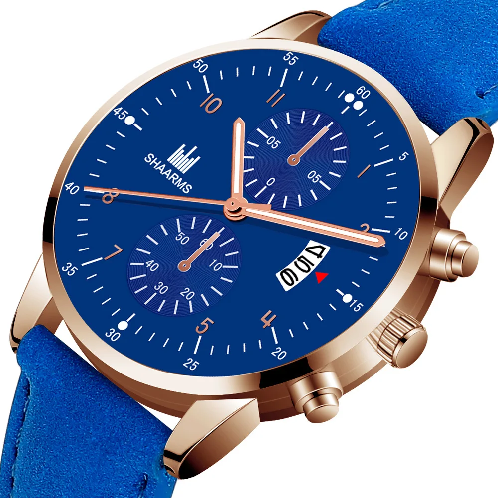 Мужские кварцевые часы с большим циферблатом повседневные кожаным ремешком для