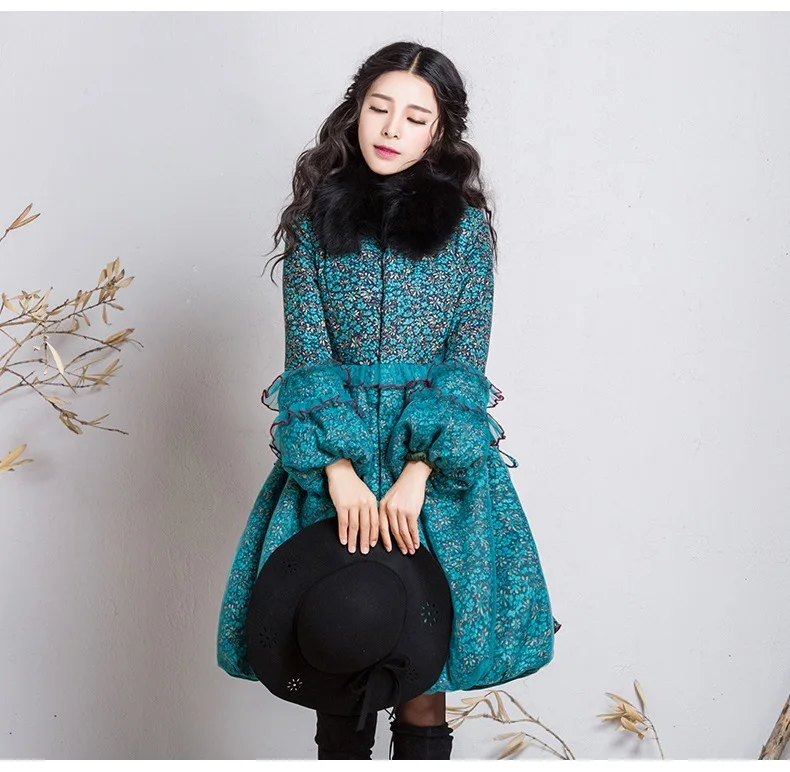 

2020 New Autumn Winter Elegant Printing Vintage Lantern Sleeve Female Cotton-padded Coat with Fur Collar Warm Wadded Jackets