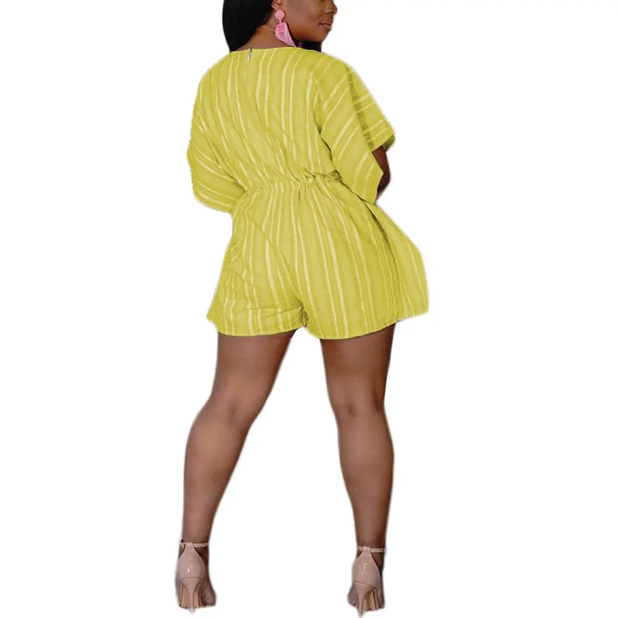 

Striped Print Playsuits For Womens Clothing Summer New Style V Neck High Waist Loose Fashion Daily Wear Rompers & Jumpsuits Hot