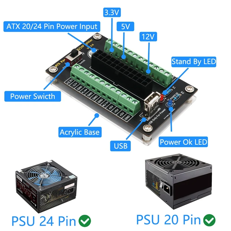 Обновленная версия модуля блока питания ATX 24/20 Pin с портом USB 5 В и акриловой