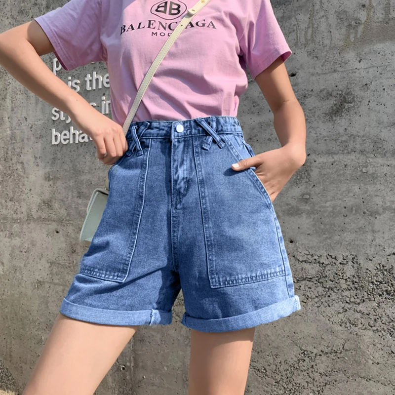 

[Big Sale] High Waist Denim Shorts Female Chic Hot Trouser Wide Legs Loose Casual Summer Sexy Shorts Plus Size Big Pocket Short