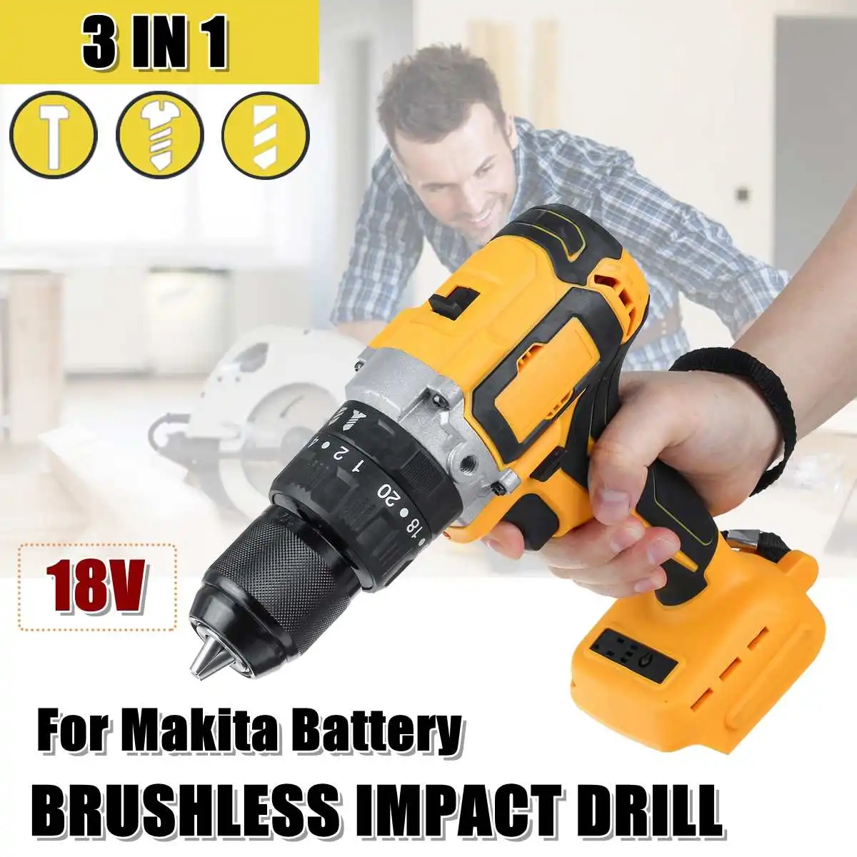 

13mm 450Nm 3 in 1 Brushless Electric Impact Drill 20+3 Torque Cordless Drill Screwdriver DIY Power Tool for Makita Battery