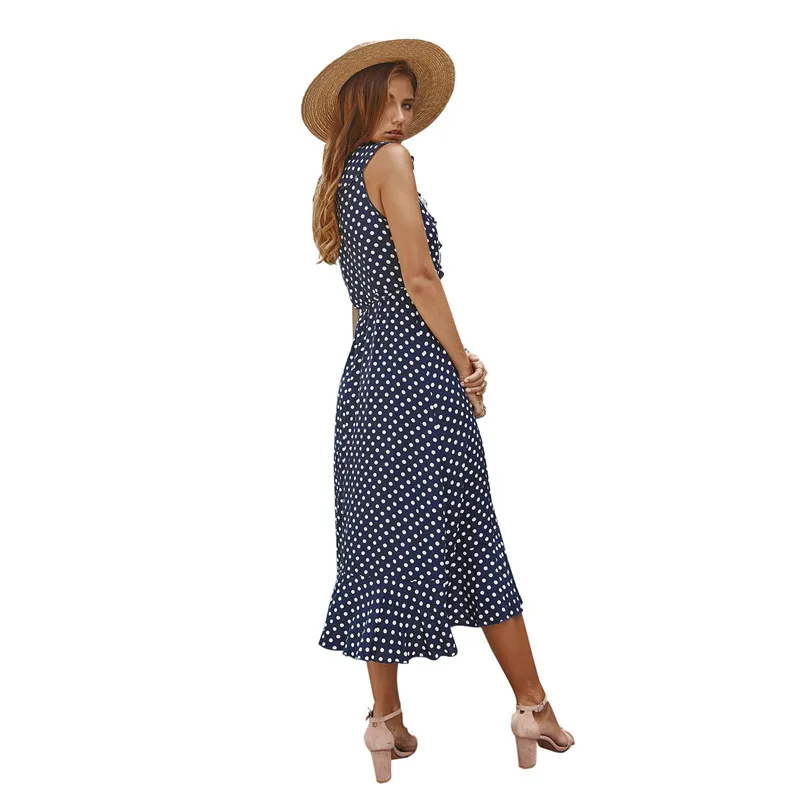 

Sexy Pollka Dot Dresses Sleeveless Ruffles Long 2021 Summer Dress Women Casual Holiday Elegant Lace Up Asymmetrical Dress Ladies