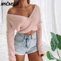 aproms pink fluffy knitted sweater women autumn winter v neck wrap front basic cropped pullovers fashion outerwear jumper 2021