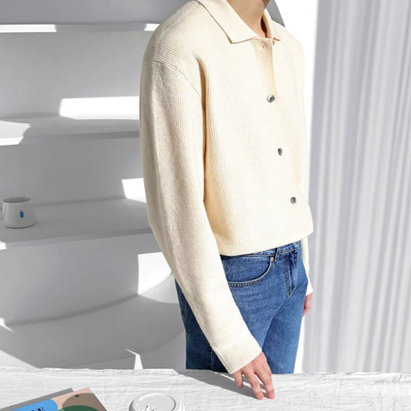 Korean Style Simple Knitted Men's Shirt Fashion Lapel Single Breasted Cardigan Coat Men Autumn Loose Casual Long Sleeve Top Men