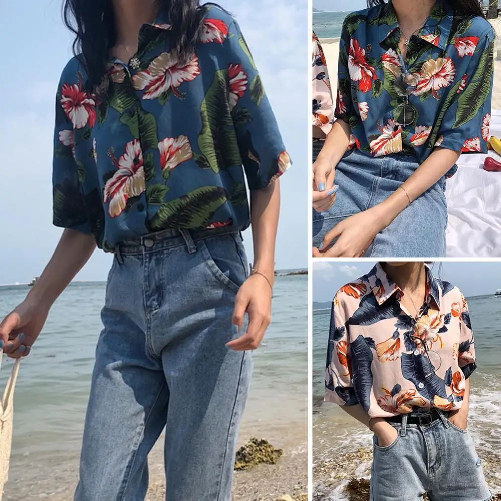 

Summer Flower Leaf Print Button Up Shirts Women 2021 Fashion Summer Blouses Korean Vintage Elegant Blouse