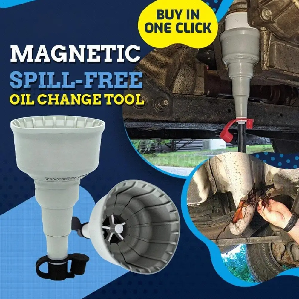 Spill Free Oil Change Tool Mess Free Oil Filter Funnel Tool Magnetic Drain Plug Catch Splash Guard Flexible Funnel