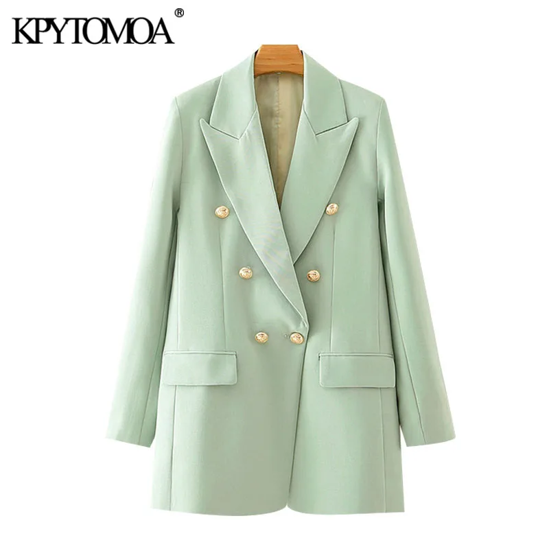 

KPYTOMOA Women Fashion Office Wear Double Breasted Blazer Coat Vintage Long Sleeve Pockets Female Outerwear Chic Tops