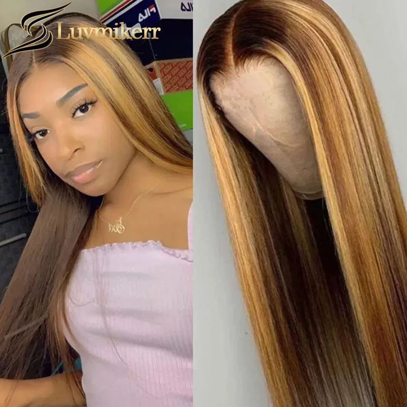 

Hd Brown Highlight Honey Blonde 13x6 Lace Frontal Wig Glueless Straight Pre Plucked Human Hair Lace Front Wig For Women Bleached