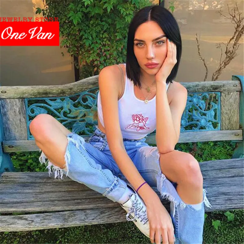 

2020 popular suspender U-neck B white cotton embroidery navel short waistcoat Club casual women