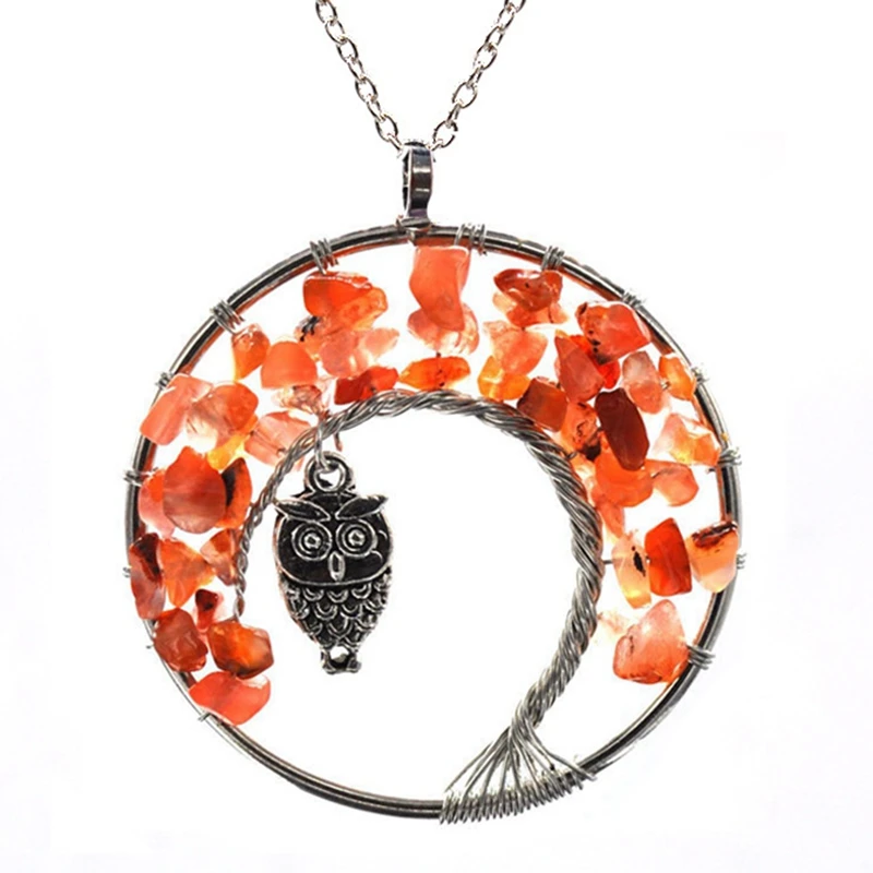 Red agate Owl SK 7 Чакра, кварцевый и из натурального камня, древо жизни, маятниковая подвеска, ожерелье для женщин, целебное хрустальное ожерелье, s подвески, ювелирные изделия рейки - Окраска металла: Red agate Owl SK