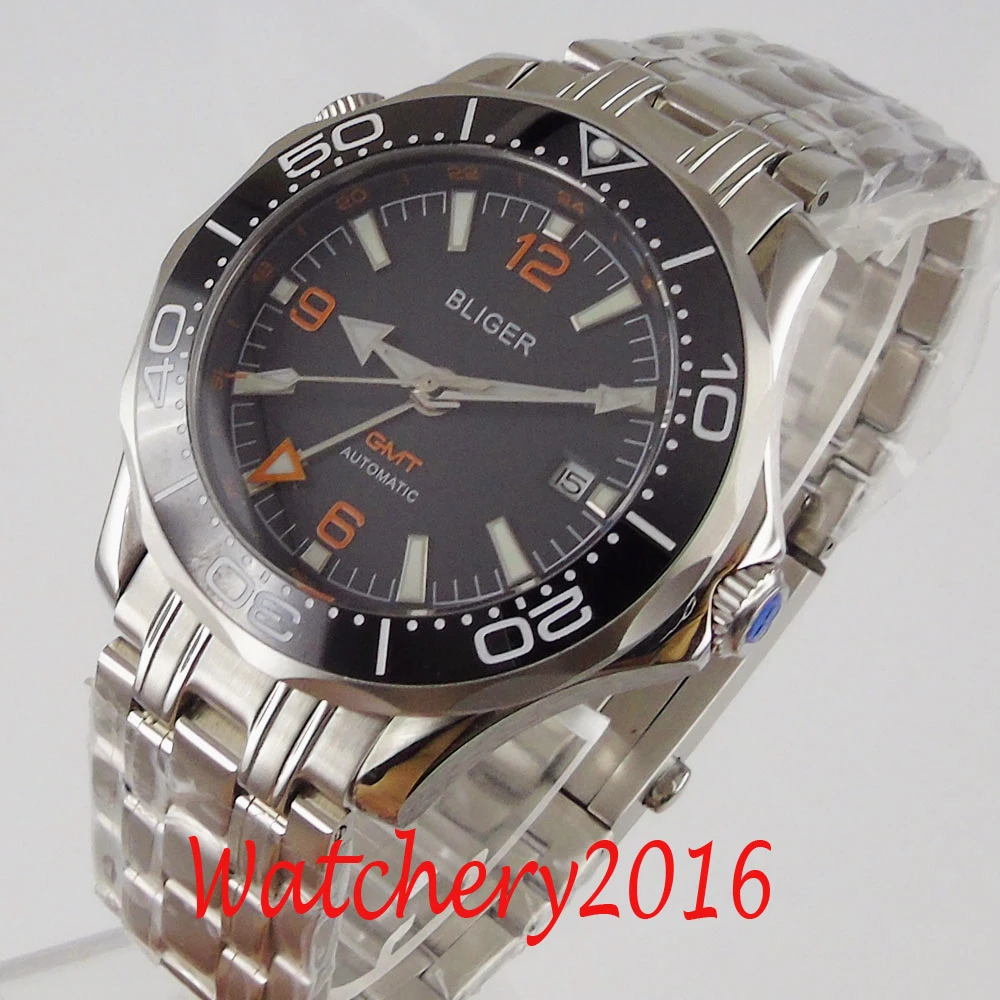 

41mm BLIGER Black dial Sapphire glass GMT date ceramic bezel automatic men's watch