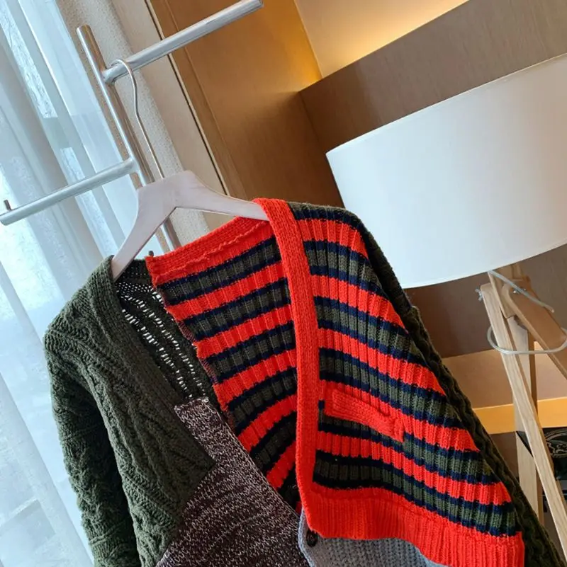 

Juice Snow 2020 Autumn New Splicing Hemp Pattern Thick Knitted Cardigan Irregular Contrast Color Sweater Jacket Women