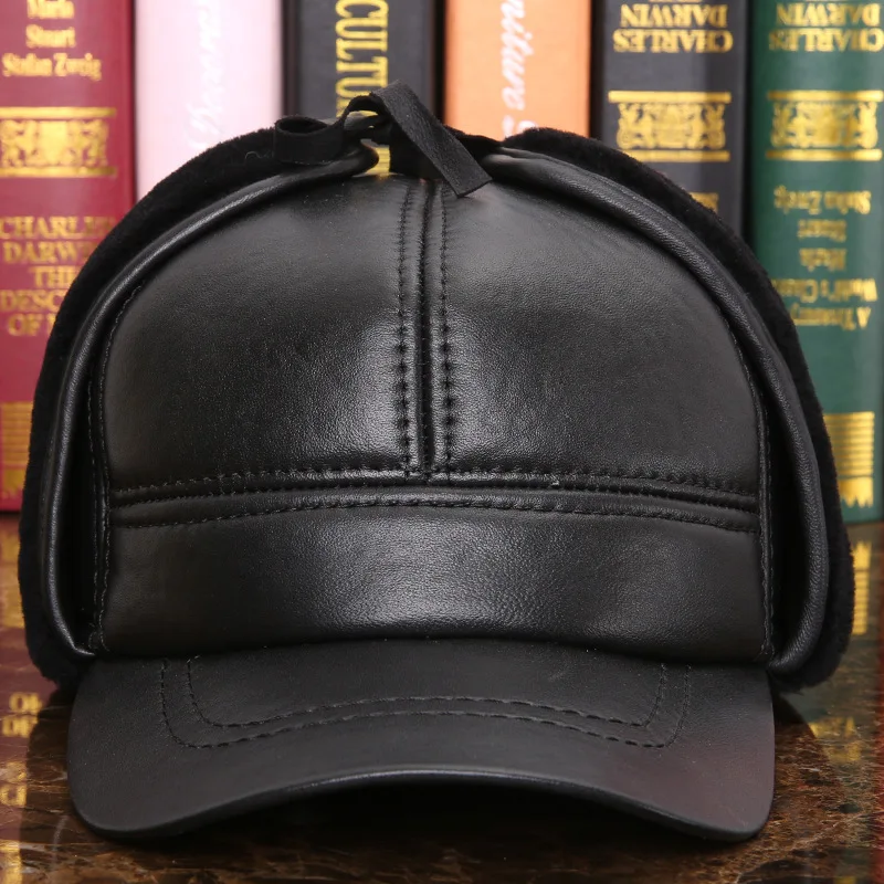 100% Genuine Leather  man winter hat man earmuffs sheep leather cap middle-aged and  leather hat warm wool cap