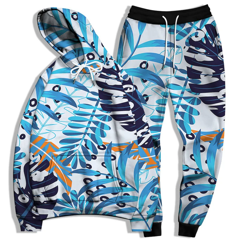 

Plus Size 3D Digital Print Leaves Casual Trousers Two-Piece Hoodie Pullover Streetwear Hoodie Sportswear Pocket Loose Run Hoodie