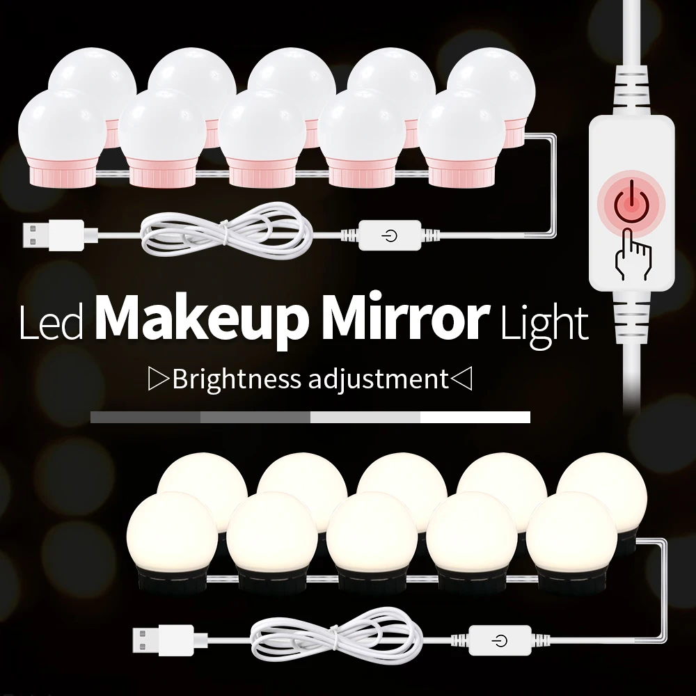 

12V Makeup Table Mirror Light Led Hollywood Vanity Lamp Led Dressing Table 10 Bulbs Kit USB 5V Dimmable Make Up Cosmetic Bulb