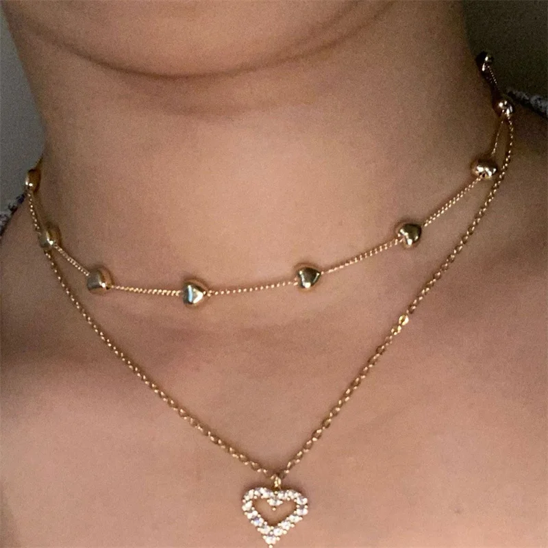 

14K Real Gold Double Layer Hart Ketting Shining Bling Aaa Zirkoon Vrouwen Sleutelbeen Keten Elegante Charme Bruiloft Hanger