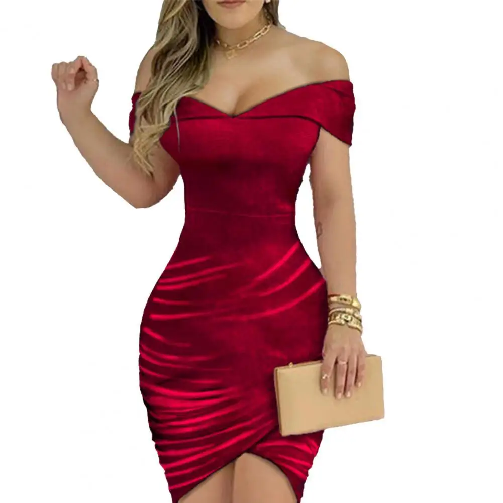 

Fashion Women Elegant Dress Off Shoulder Green/Red/Blue Ruched Velvet Sexy Solid Color Bodycon Mini Dress For Party Women Dress