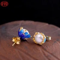 s925 fashion classic cloisonne burnt blue pearl stud earrings