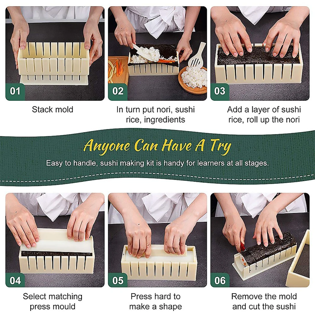 

10Pcs/Set Sushi Maker Equipment Kit,Japanese Rice Ball Cake Roll Mold Sushi Multifunctional Mould Making Sushi Mold Kitchen Tool