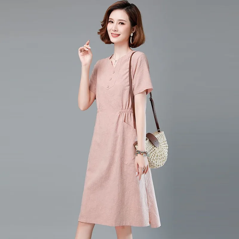 

High Quality Cotton Linen Dress Women Summer Casual Dresses New 2020 Vintage V-neck Female Knee-length Dresses Plus Size P1249