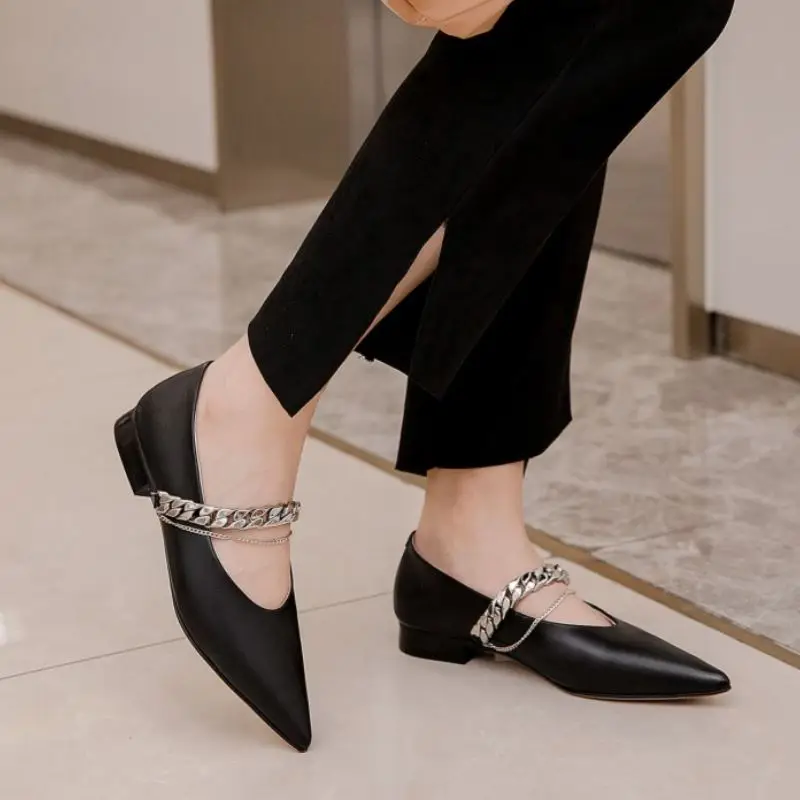 

RIZABINA Size 33-43 Women Flat Shoes Real Leather Metal Chain Woman Shoes Fashion Cool Shoes Women Office Ladies Footwear