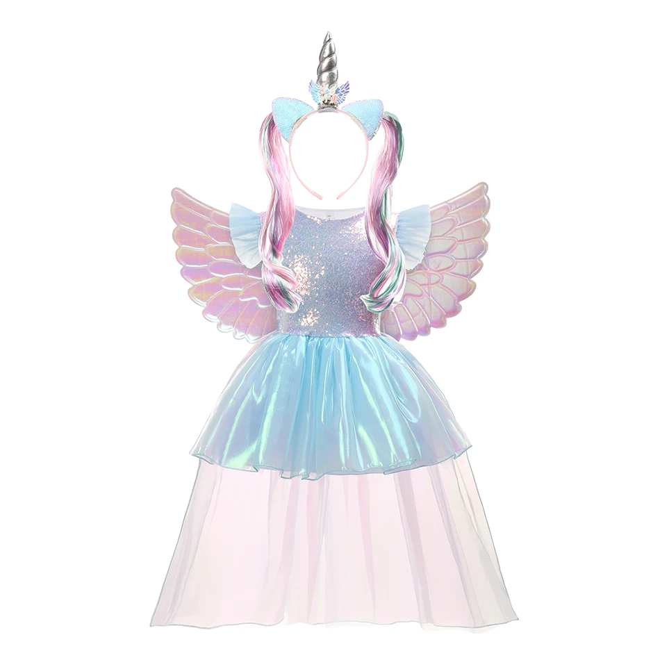 Girl Rainbow Unicorn Dresses Tutu Princess Party Children Christmas Halloween Cosplay Costume With Headband Wings 4-10Y |
