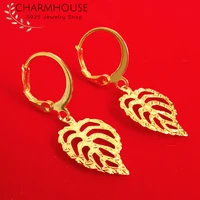 charmhouse 24k yellow gold color earrings for women leaf earing brincos pendientes wedding jewelry accessories wholesale gifts