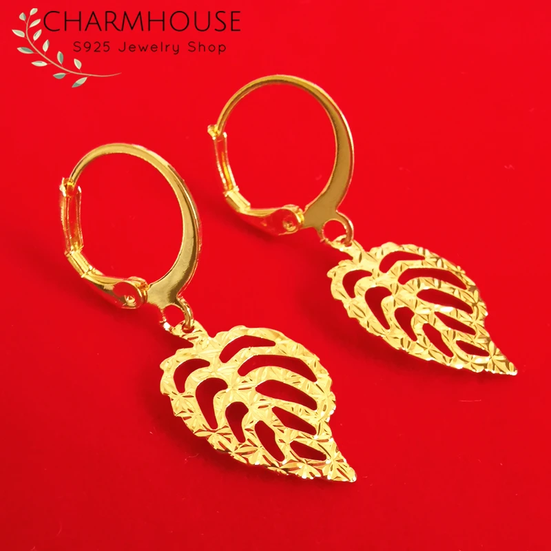 Charmhouse 24K Желтые серьги золотого цвета для женщин Лист сережки Brincos Pendientes