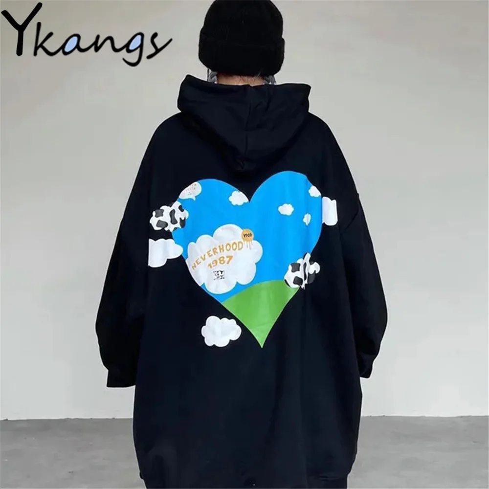 

Harajuku Heart Cows Hoodie Long Sleeve Loose Design Oversized Sweatshirt High Street Couple Outfit Spring And Autumn Thin Tops
