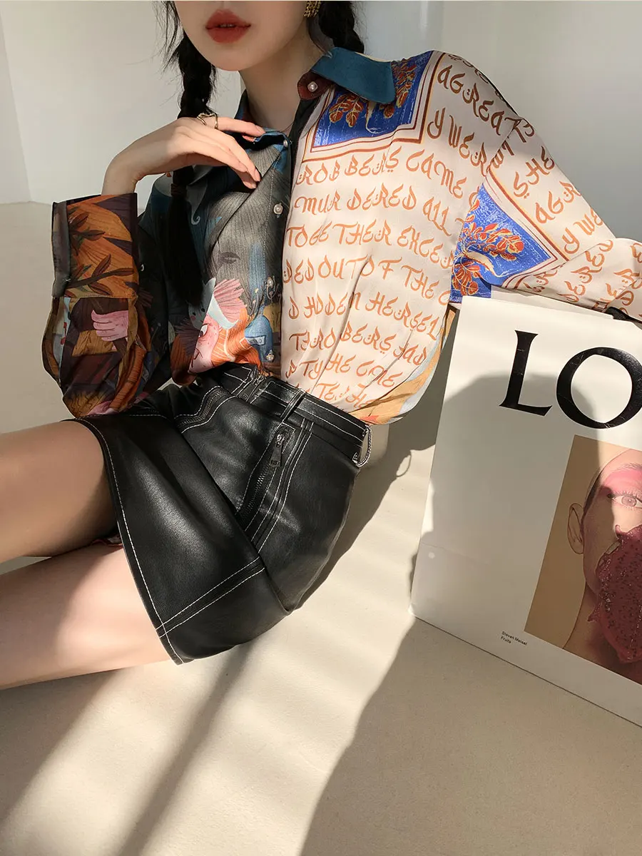 

Designer Patchwork Long Sleeve Shirt Women Top And Blouse Chiffon Button Up Collar Shirt Letter Print Fashion Top C470
