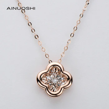 AINUOSHI Hard Gold Craft 18K Rose Real 0.02ct Diamond Lucky Clover Dancing Pendant Necklace For Women Korea Style Jewelry 18''