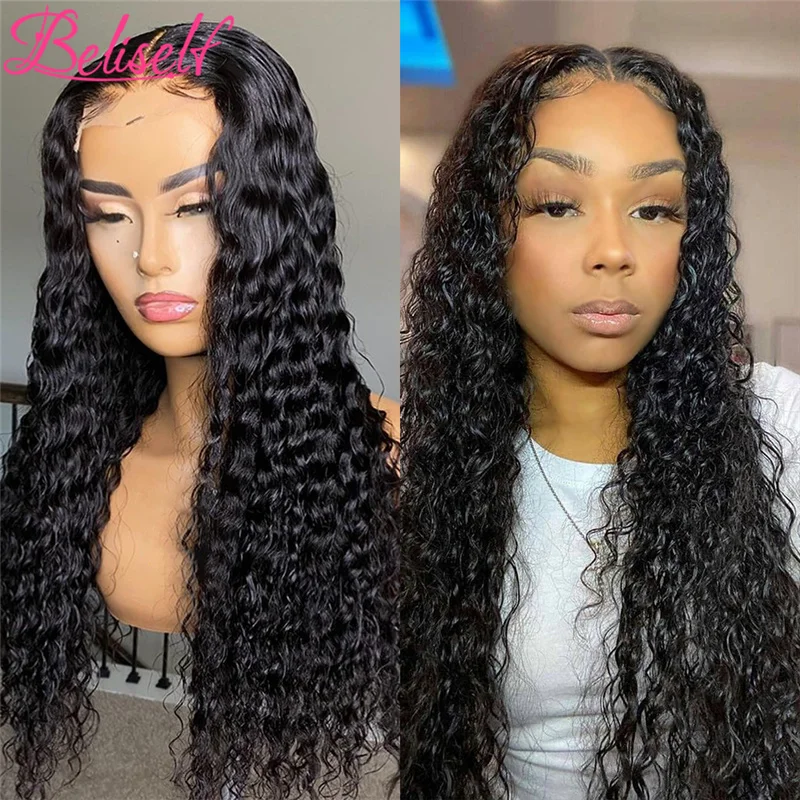 

Beliself 5x5 Lace Closure Lace Wig Natural Color Brazilian Remy Human Hair Lace Wigs Deep Wave Lace Front Wig Free Part