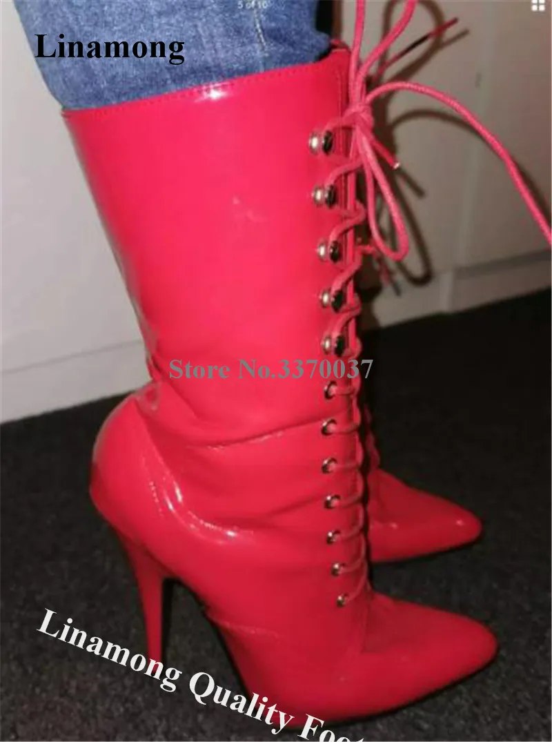 

Блестящие лакированные кожаные ботинки lincircle на шпильке средней длины, со шнуровкой, розового цвета, с острым носком, на высоком каблуке, Клубная обувь