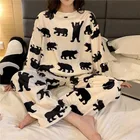 Осень-зима 2021, пижамный комплект, женские комплекты одежды для сна, рубашка и брюки, теплые фланелевые женские комплекты, женские пижамы с мультяшным медведем и животными