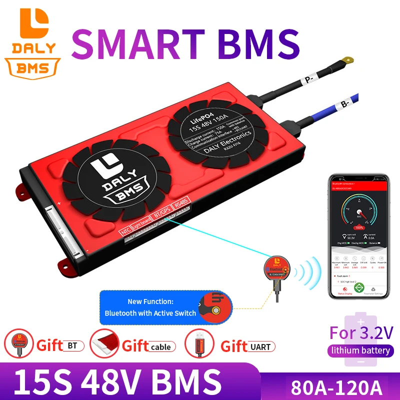 

Daly 18650 3.2v smart BMS 15S 48V 80A 100A 120A Bluetooth 485 to USB device NTC UART software togther Lion LiFepo4 Battery BMS