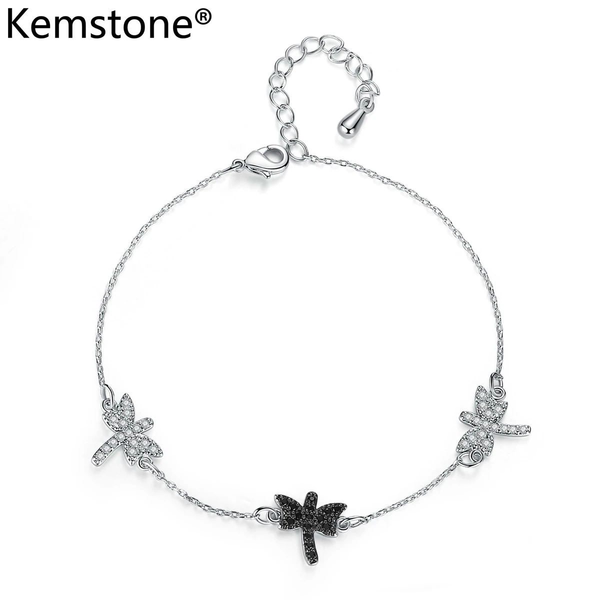 

Kemstone Creatived Dragonfly White Black Zircon Copper Charm Link Bracelet Jewelry Gift for Women