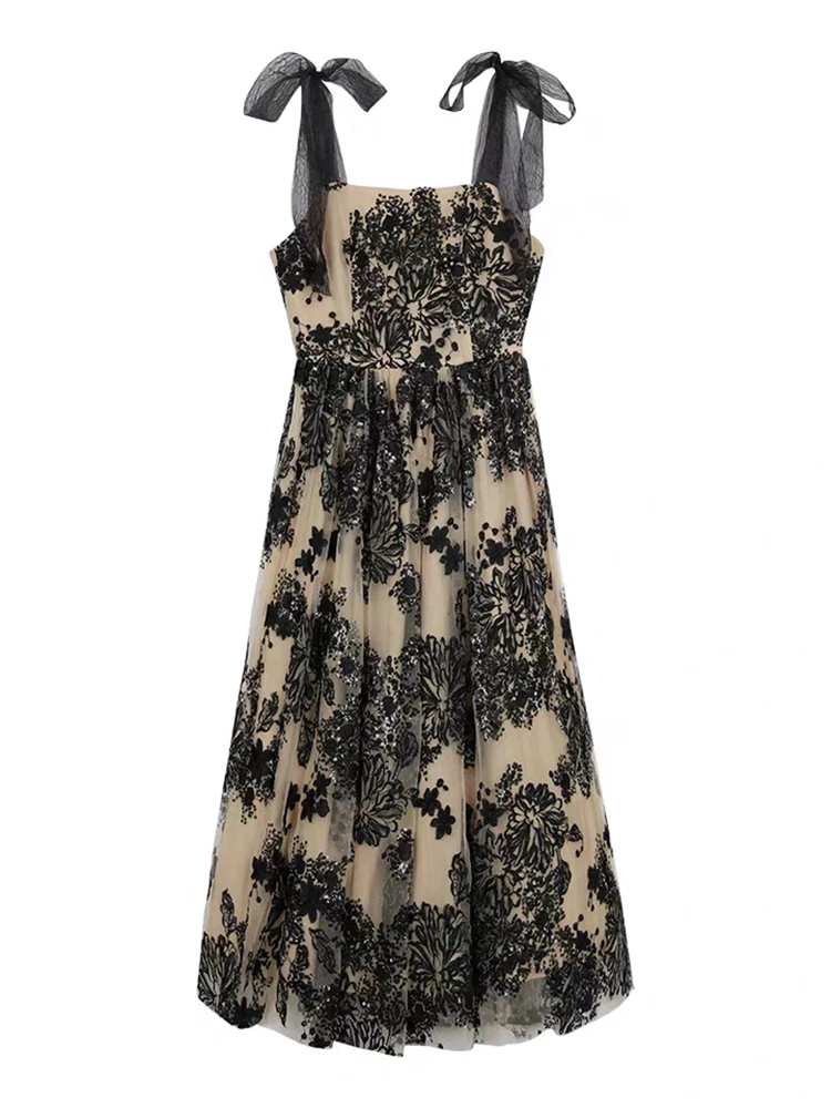 

Bow Tied Strap Mesh Dress Women Sequin Flower embroidery Spaghetti Strap Midi Party Dress Summer Elegant Ladies Casual Dresses