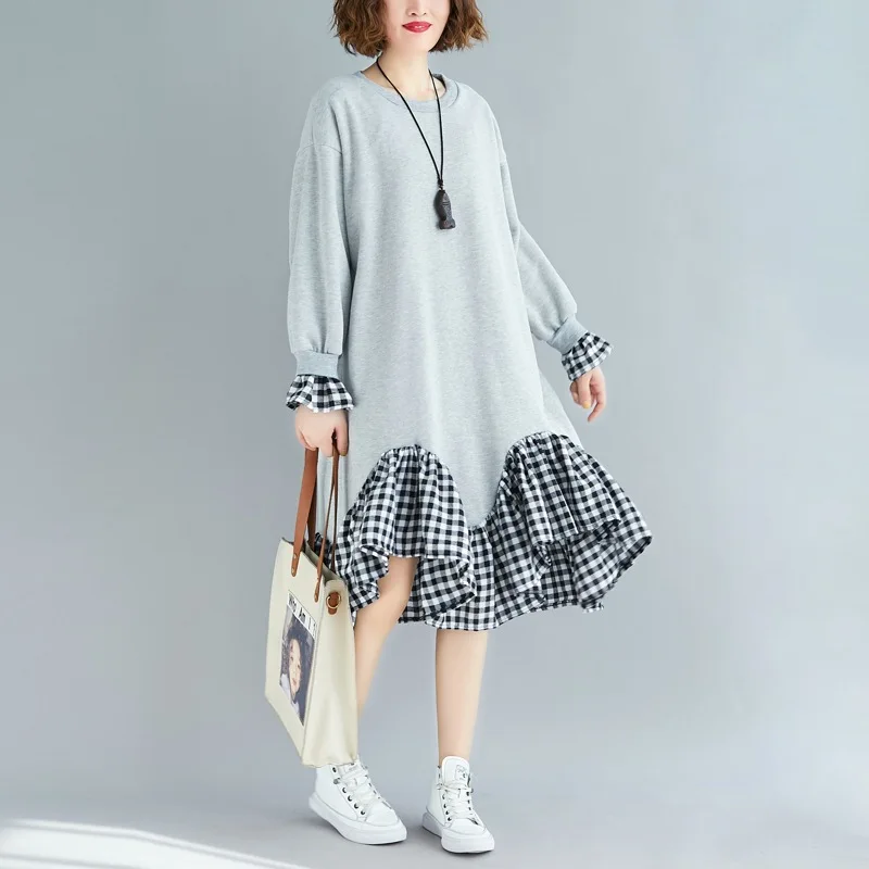 Женское клетчатое платье Johnature осенне зимнее Повседневное с оборками рыхлый