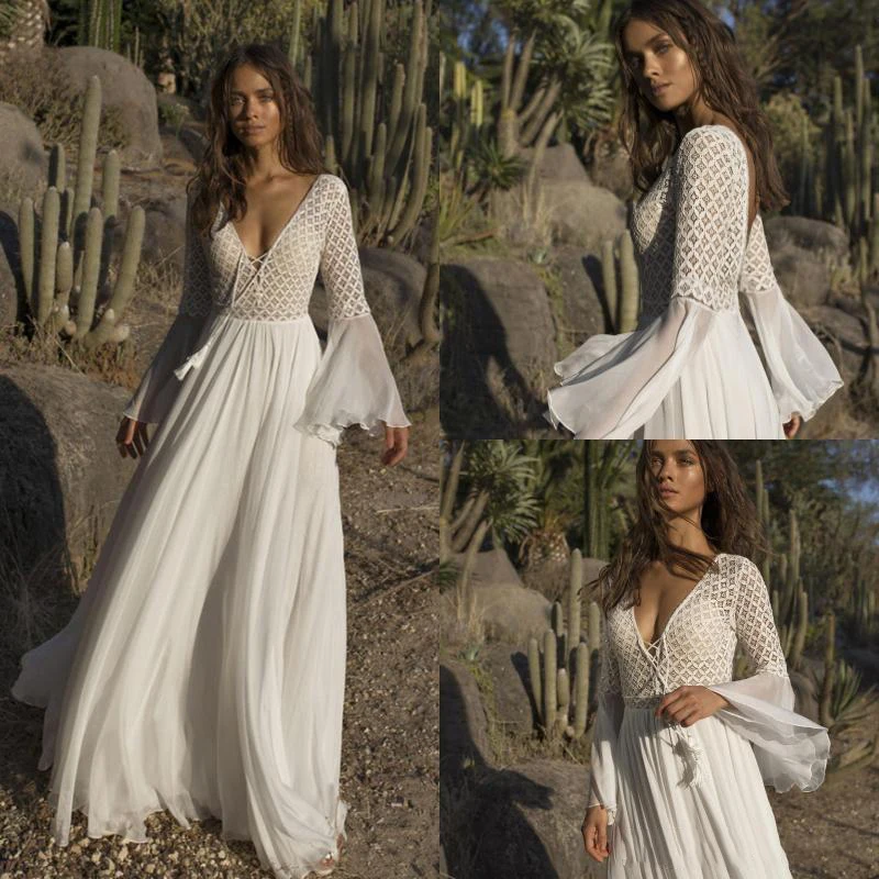

HERBURNL Boho Wedding Dress Sexy Deep V Neck Long Flare Sleeve Crystal Beaded A Line Floor Length Beach Bridal Gowns For Women