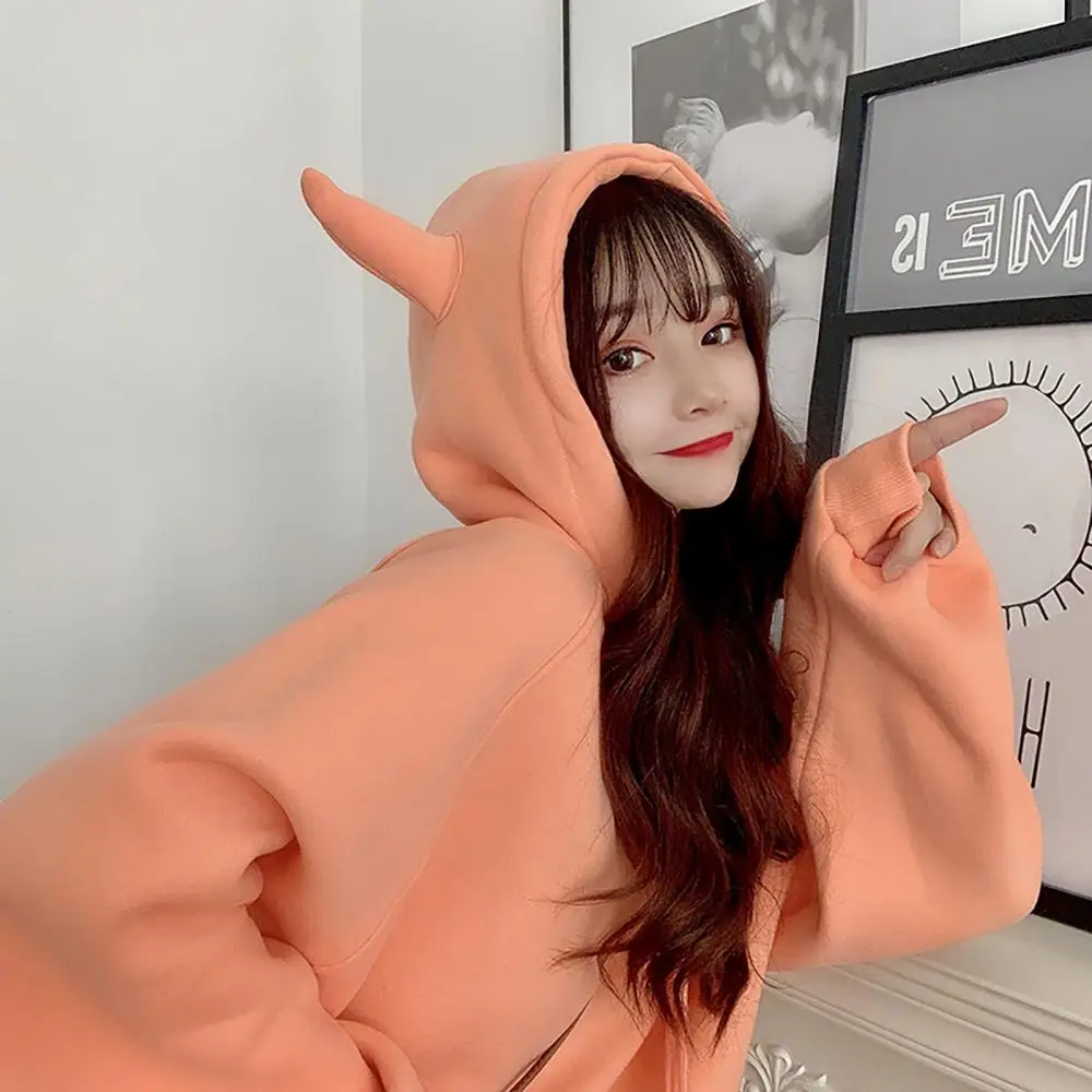Women's autumn and winter cartoon long-sleeved hoodie cute horn hood oversized loose autumn and winter plush sweatshirt everyday