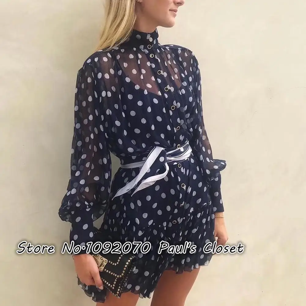Women High collar Midnignt Dot Spot Print Silk Mini Dress
