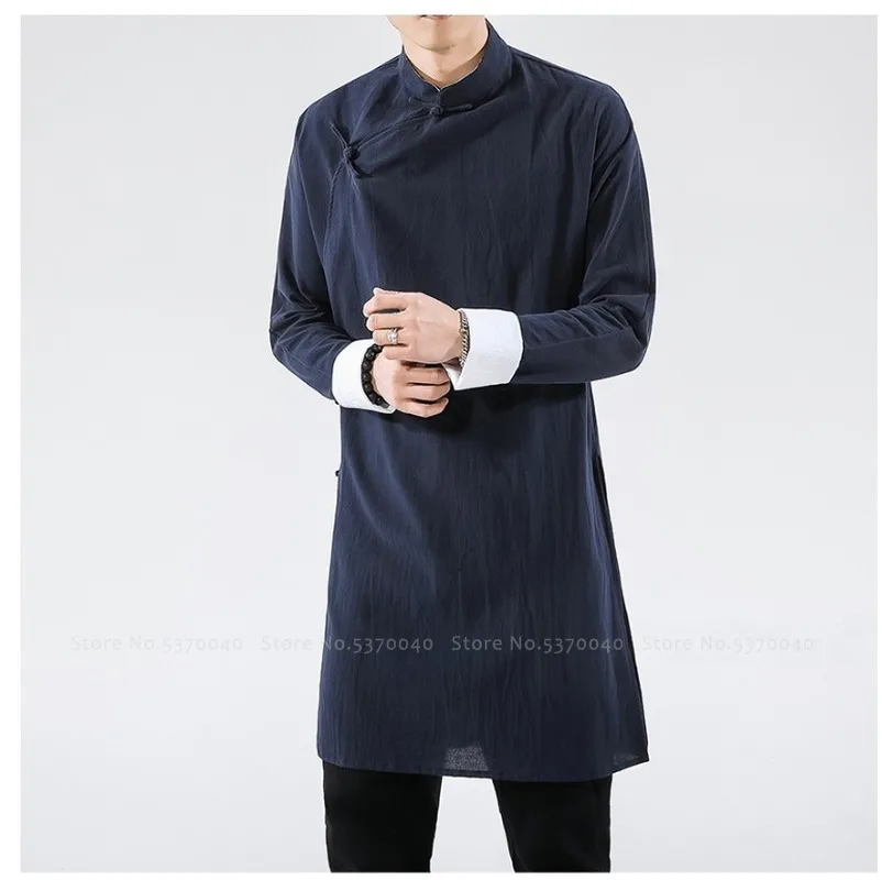 Мужские китайские традиционные хлопковые льняные рубашки Hanfu топы Ципао халат Tang
