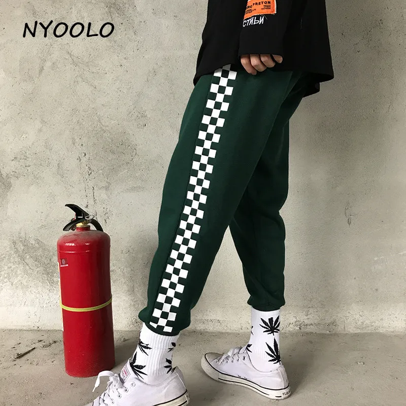 NYOOLO Harajuku уличная одежда в клетку с принтом хип-хоп штаны для бега осень зима эластичный пояс плюс бархатные теплые спортивные штаны для женщин и мужчин