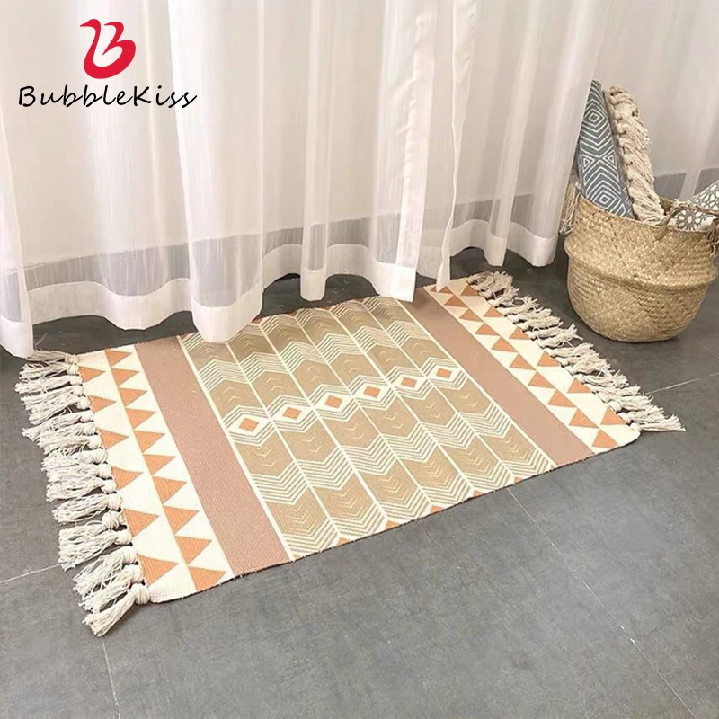 

Bubble Kiss 2020 Cotton And Linen Tassel Area Carpet Hand-Woven Bedroom Bedside Tapestry Living Room Decorative Non-Slip Carpet